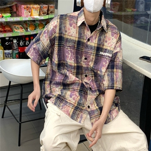 2026夏美式扎染刺绣格子短袖衬衫衬衣五分袖 CS1805/特P35 紫色7图片