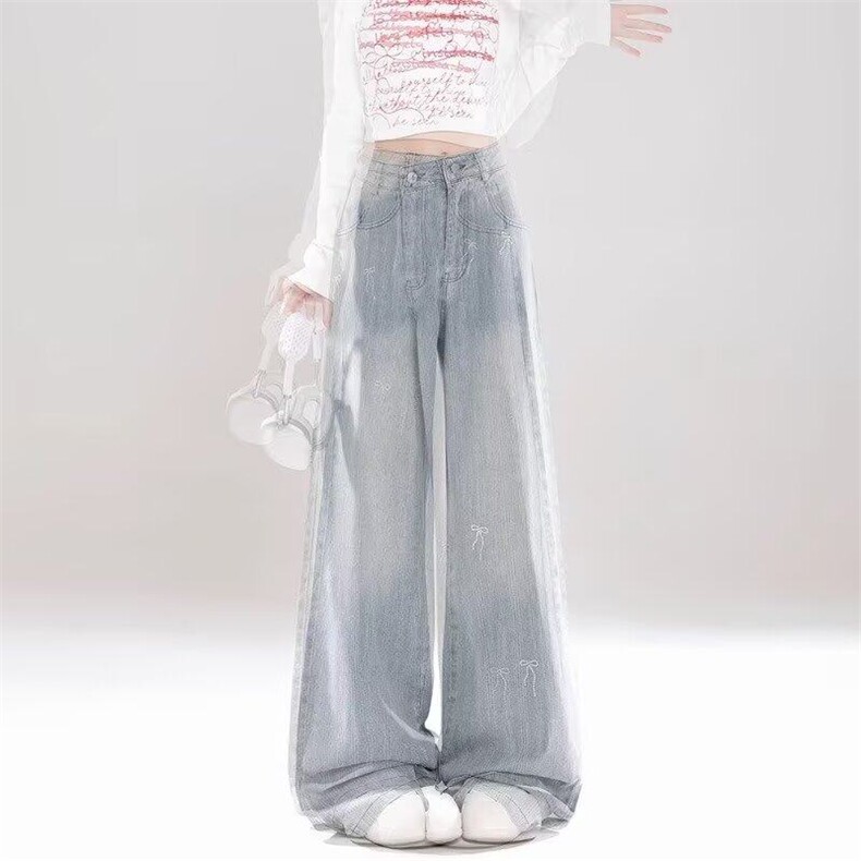 蝴蝶结刺绣直筒牛仔裤女2025新款小众宽松显瘦阔腿裤潮-网图,男装牛仔裤,星座302B-2