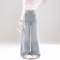蝴蝶结刺绣直筒牛仔裤女2025新款小众宽松显瘦阔腿裤潮-网图，男装牛仔裤，星座302B-2