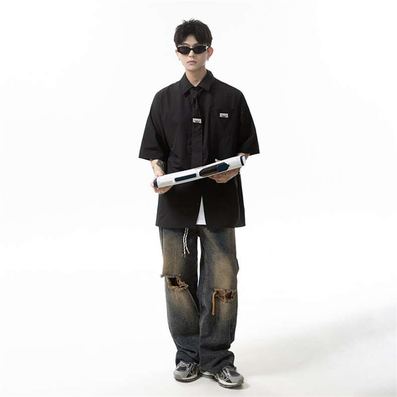 夏季冰丝短袖衬衫宽松学院风情侣衬衣（送领带）CS802-特P35,男装T恤,星座1213