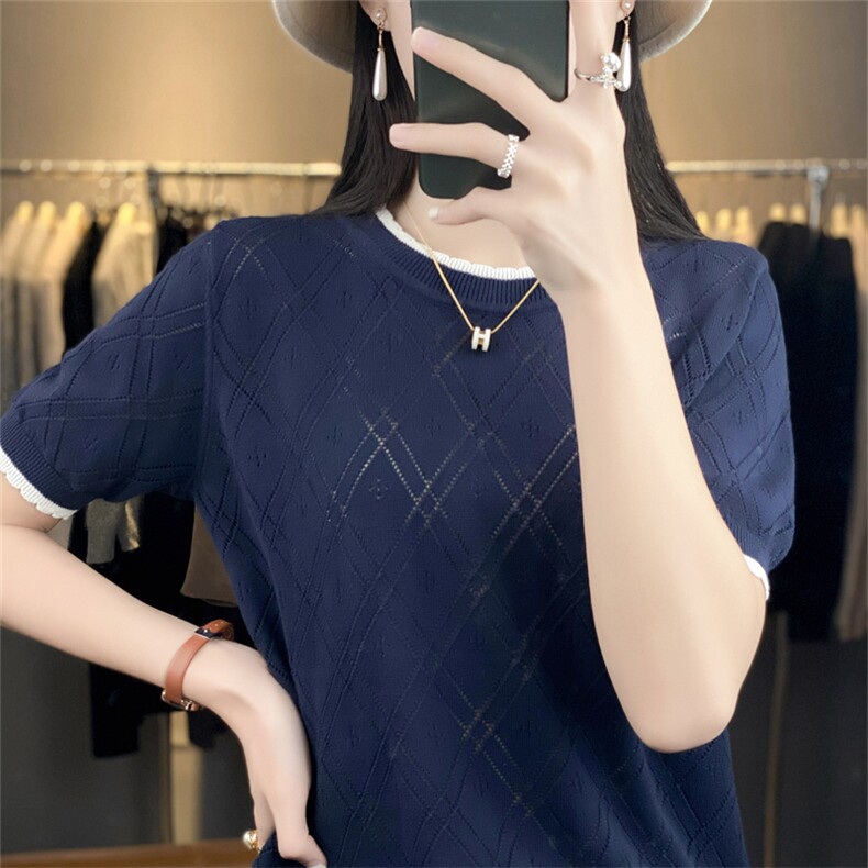 100%纯棉圆领短袖T恤女24夏季新款宽松镂空拼色显瘦棉麻针织短袖,针织衫/毛衣,斯美雅电商供货