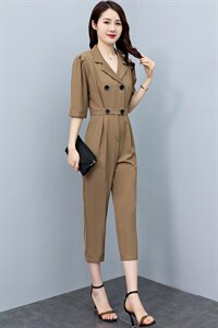 2024年夏季西装领V双排扣泡泡袖修身连体裤女连衣裤,女装连体裤,微微衣阁