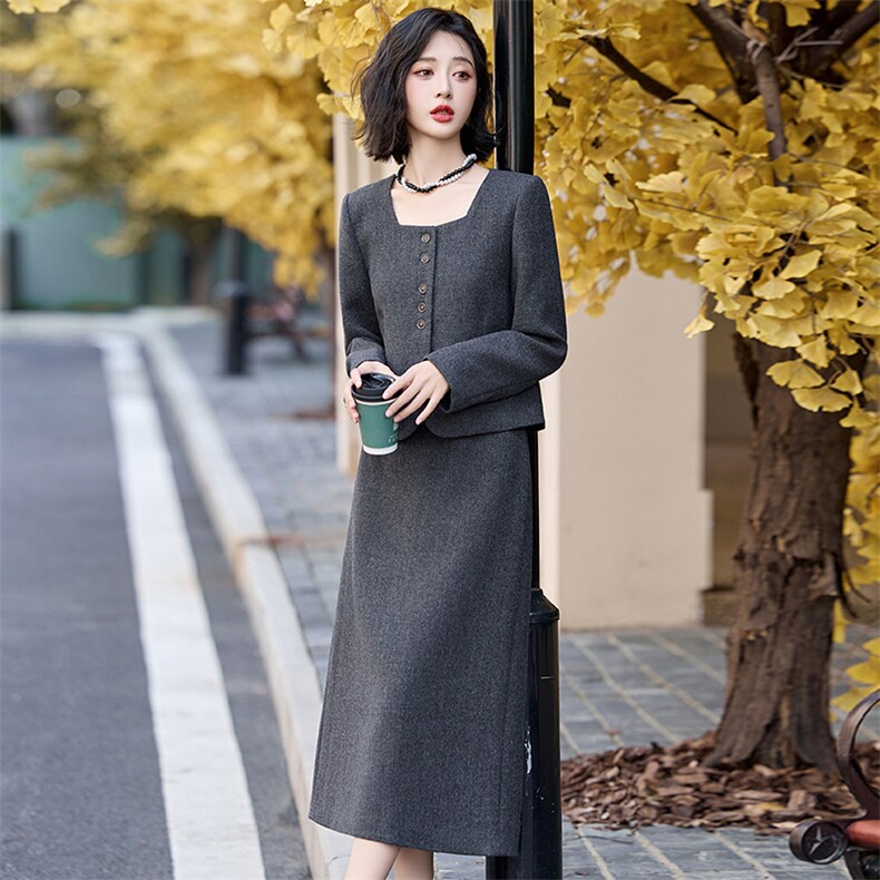 现货2025年秋冬季新款法式慵懒时尚气质薄呢半身裙两件套,女装套装/套裙,盈茜