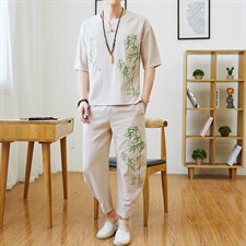 夏季棉麻套装男亚麻短袖t恤韩版潮流休闲v风一套衣服TZ96，男装T恤，星座509