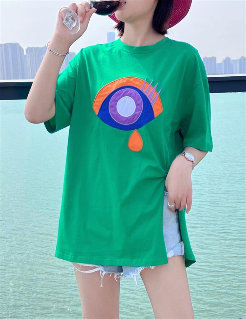 OUGNI夏装新款贴布刺绣开叉T恤潮，女装T恤，OGENI 欧葛妮