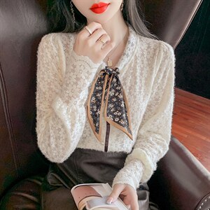 设计感长袖蕾丝衬衫女2021秋新款宽松百搭时尚纯色洋气上衣潮图片