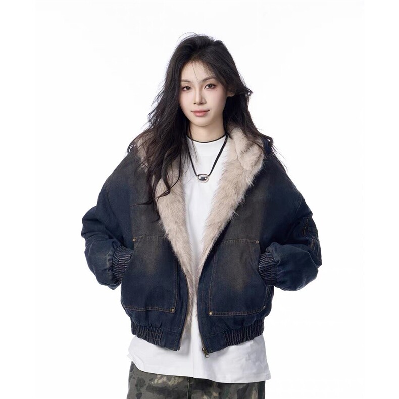 美式连帽牛仔棉服男女水洗重磅座山雕毛领复古加绒加厚夹克外套潮图片