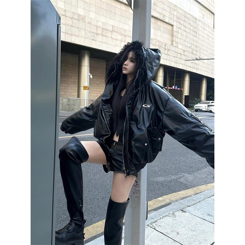 大毛领连帽小众设计感P棉服男冬季加厚外套朋克皮夹克 M8033图片