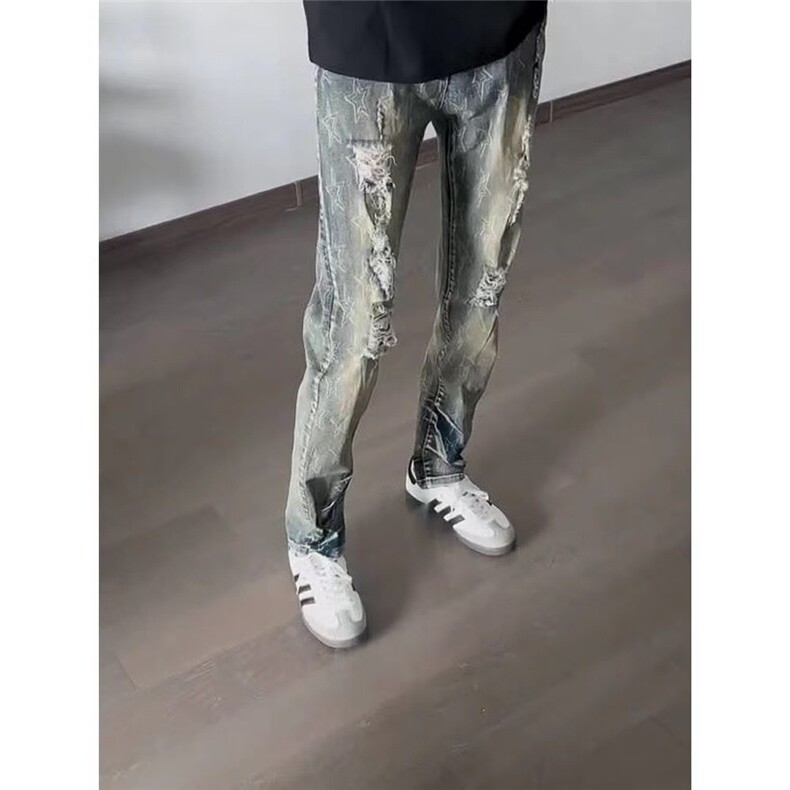 秋季新款复古五角星印花牛仔裤男修身直筒个性做旧破洞休闲长裤子,男装牛仔裤,星座506A