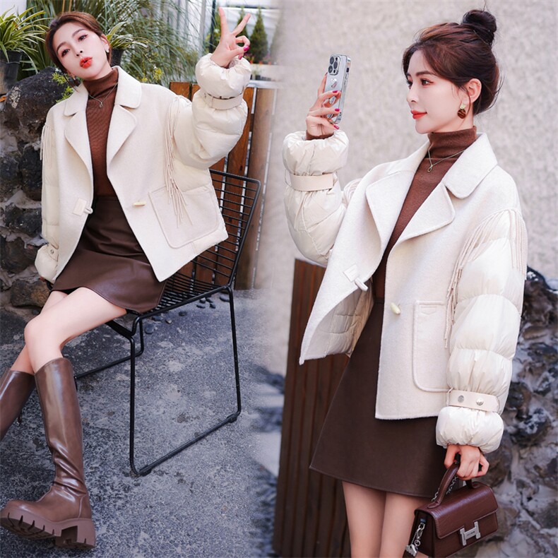 【现货放心推】2024双面羊绒拼接流苏牛角扣美拉德羽绒服90白鸭绒，女装羽绒服，雅静靓衣