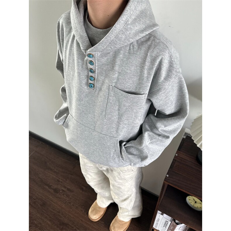 绿松石纽扣美式覆古连帽口袋百搭420G宽松套头重磅卫衣WY05,男装卫衣,星座516A