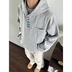 绿松石纽扣美式覆古连帽口袋百搭420G宽松套头重磅卫衣WY05，男装卫衣，星座516A