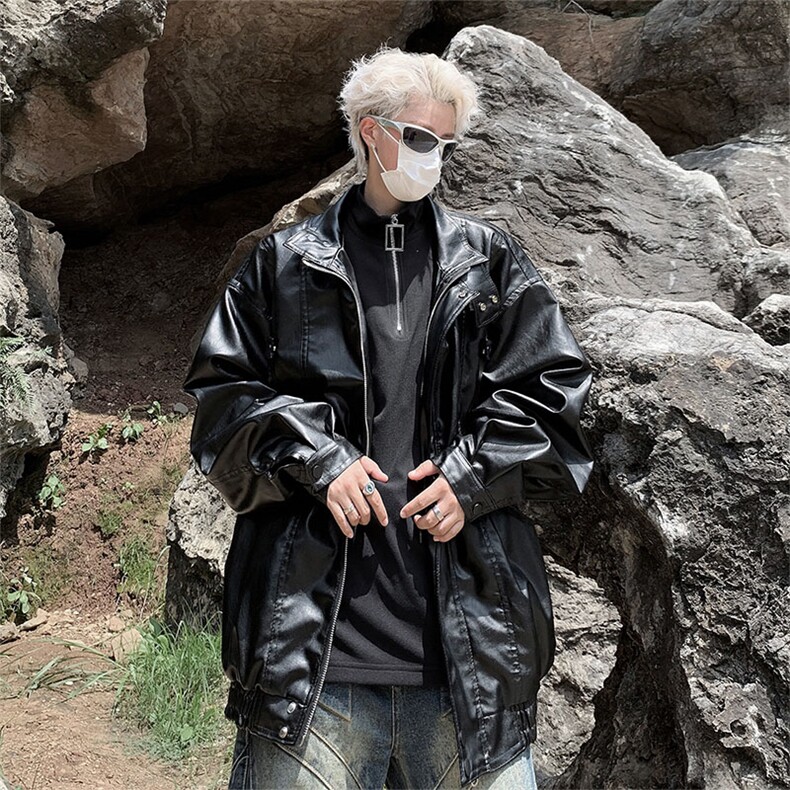 机车服男款潮牌宽松工装PU皮衣外套秋季高街潮流休闲痞帅立领夹克,男装皮衣,星座410-7