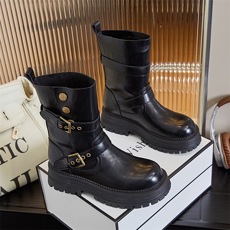 英伦风马丁靴女2024秋冬新款厚底中筒瘦瘦靴女复古百搭机车靴子女，女鞋马丁靴，电商A223