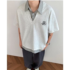 夏季学院风假两件短袖男女格子拼接polo衫t恤翻领休闲上衣TB65，男装Polo衫，星座1116A（原606A-3）
