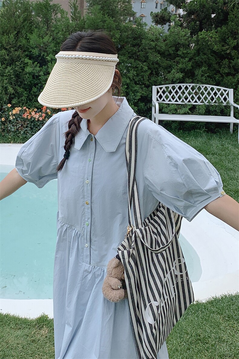 法式甜美减龄泡泡袖连衣裙女2025夏季新款韩版宽松显瘦衬衫长裙子,女装连衣裙,2C372