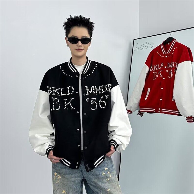 红色棒球服外套男女韩版潮流珍珠钉宽松2025春季ins夹克W6497-P73,男装夹克,星座412-3