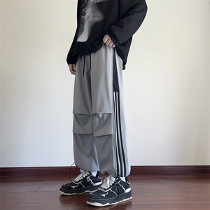 KP852 P50港风宽松休闲裤直筒拖地裤拼接三条杠束脚裤卫裤图片