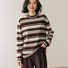 新款圆领条纹针织长袖套头上衣女，女装针织衫/毛衣，鸥蕊娅羊绒