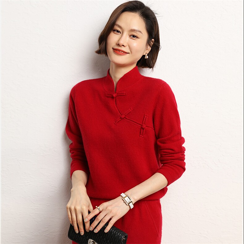 2024年秋季套头长袖时尚盘扣纯色简约百搭羊绒衫,女装羊绒衫,五色羊羊绒