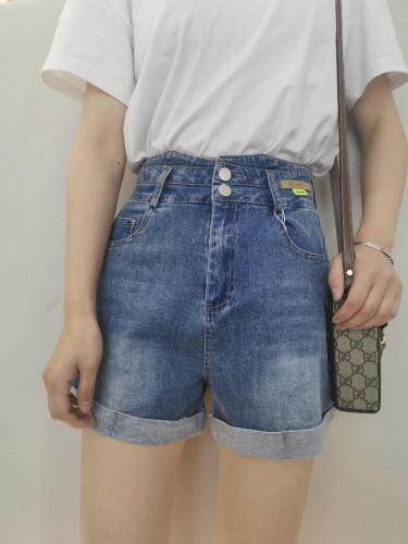 两粒扣高腰牛仔短裤显瘦一带弹力M一XXL，女装，简 影