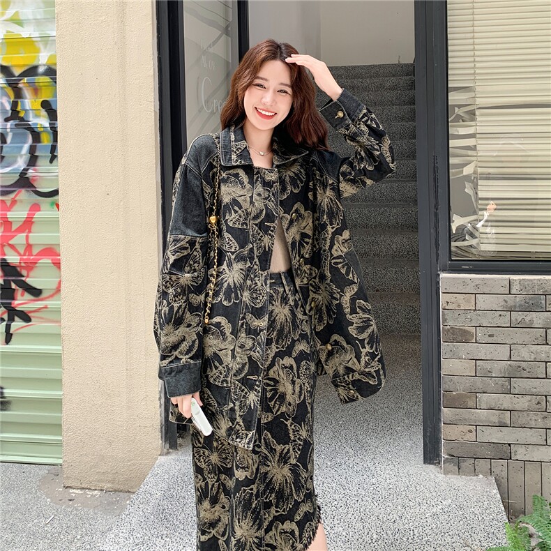 宽松中长款上衣高腰半身裙两件套秋季新款复古高级感学院风套装,女装套装/套裙,2C030