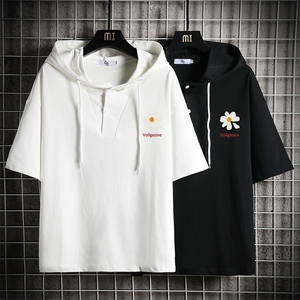 LD54059-P45 连帽短袖t恤男大码胖子带帽五分袖中袖 网格挂拍图片