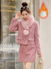 2026年冬季新款小香风粗花呢高级法式套装90羽绒服真狐狸毛领子，女装套装/套裙，小九月