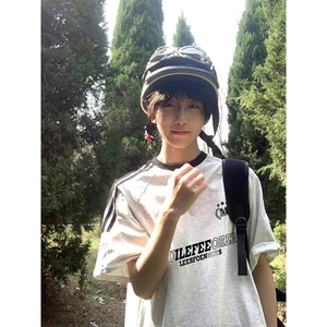 夏季美式高街重磅纯棉三条杠织带撞色男女短袖T恤ZD650-特P30图片
