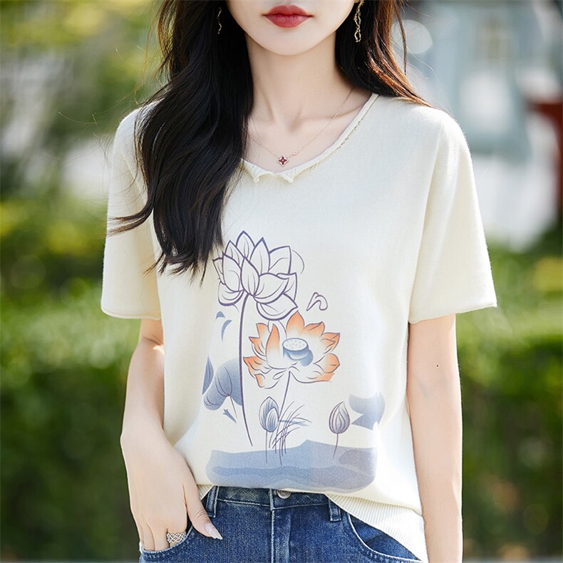 夏季新款女装纯棉短袖印花t恤女宽松文艺无色无味大码套头针织衫，女装针织衫/毛衣，斯美雅电商供货