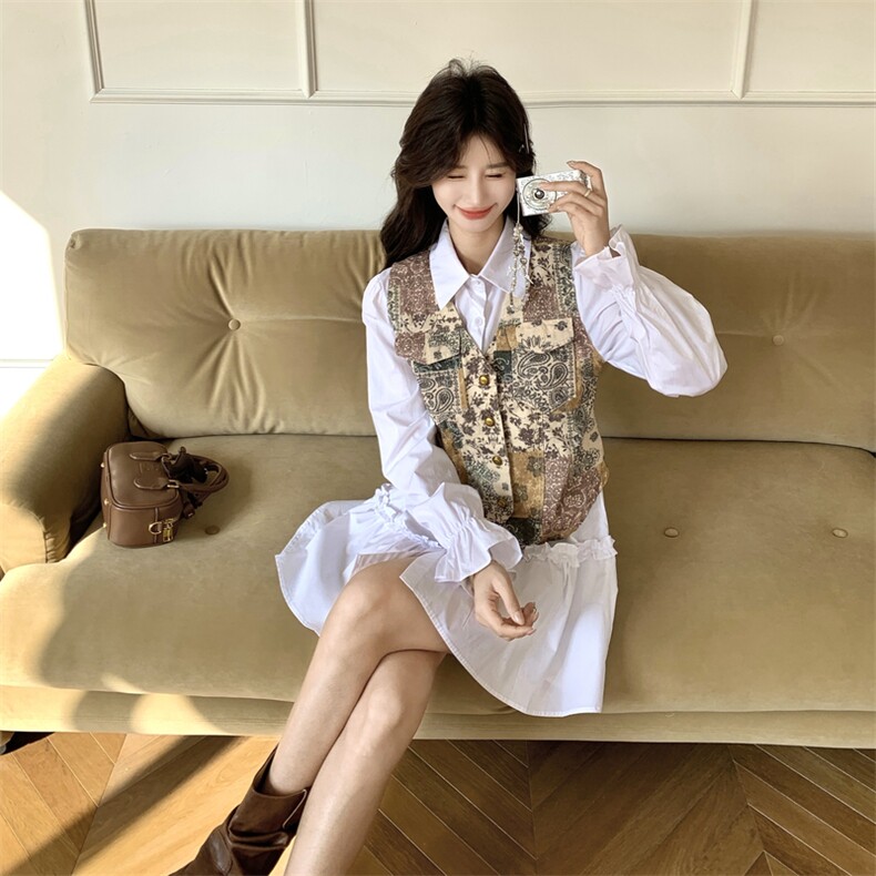 【】翻领木耳边时尚连衣裙+复古马甲套装2D148-2628-P165K268,女装套装/套裙,2D148