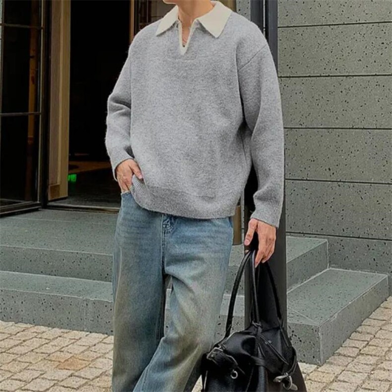 重磅北极绒假两件衬衫领毛衣美式高街复古休闲慵懒纯色翻领针织衫，男装针织衫/毛衣，电商A486