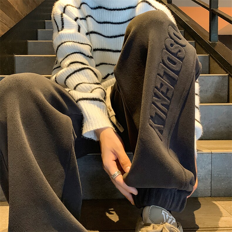 wassuphappy字母束脚卫裤男款秋冬季加绒加厚青少年阔腿休闲裤子,男装卫衣,电商B325