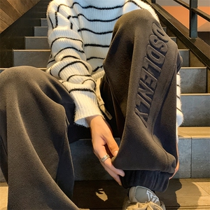 wassup happy字母束脚卫裤男款秋冬季加绒加厚青少年阔腿休闲裤子图片