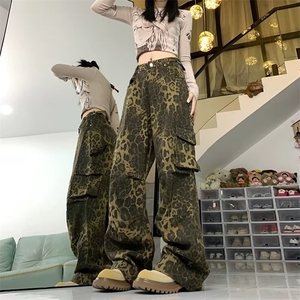 现货豹纹牛仔裤男女同款新款美式高街设计感小众宽松直筒休闲图片
