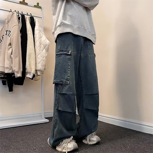 复古工装牛仔裤男高腰显瘦大口袋设计感宽松百搭K2250-P55图片