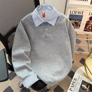 格子撞色假两件设计伯爵先生男装25春新款韩版宽松衬衫领套对卫衣图片