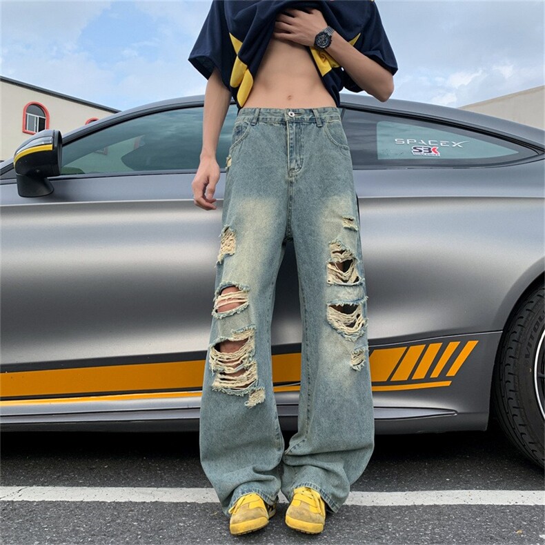 烟灰色水洗破洞牛仔裤男夏季薄款宽松直筒裤美式废土风潮流休闲裤，男装牛仔裤，星座506A