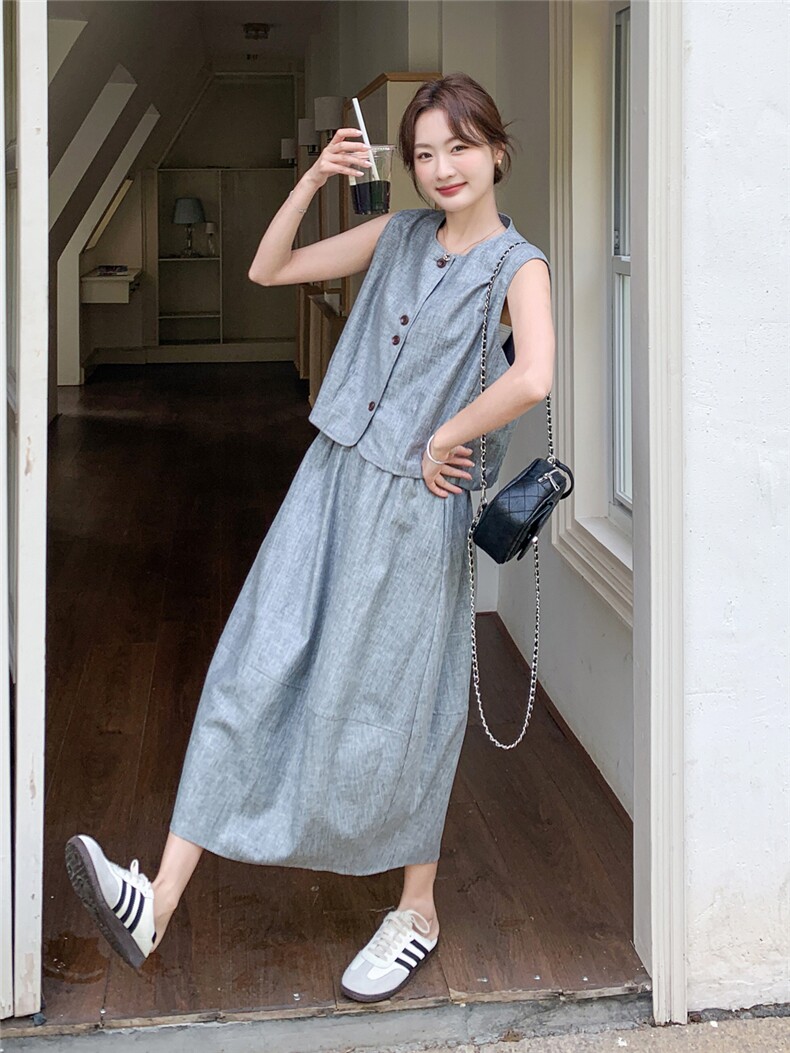 现货P185-K279老钱风2026高级感马甲半身裙亚麻两件套配领带,女装套装/套裙,网红馆