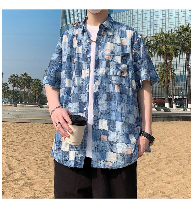 港风衬衫男春夏季内搭复古宽松破洞纹短袖潮衬衣外套7221P45,男装衬衫,电商A056