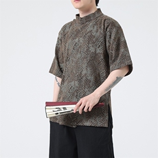 《八旗都统》新中式蟒纹提花改良汉服风盘扣短袖茶禅服31221，男装T恤，星座305A（原312A-1）