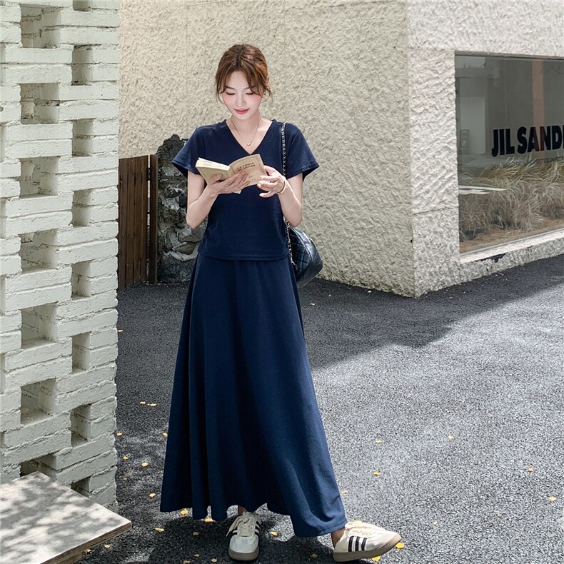 黑色后背镂空T恤半身裙套装女2025夏季新款韩系休闲显瘦两件套潮,女装套装/套裙,红龙果