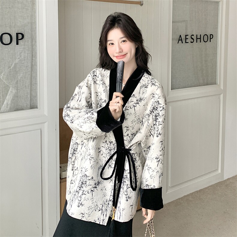撞色新中式水墨印花外套女2025春秋季新款轻国风复古休闲显瘦上衣,女装大码女装,浙宝208