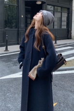 黑色双排扣设计呢大衣女2025年冬季新款韩版高级感连帽毛呢外套，女装毛呢外套，2D014