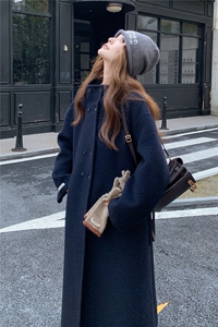 黑色双排扣设计呢大衣女2025年冬季新款韩版高级感连帽毛呢外套图片