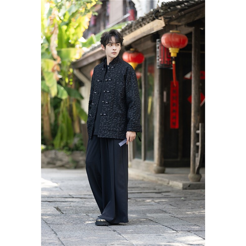 新中式中古风抽象文字提花复古盘扣立领大码宽松唐装外套JK209,男装民族服装,星座305A（原312A-1）