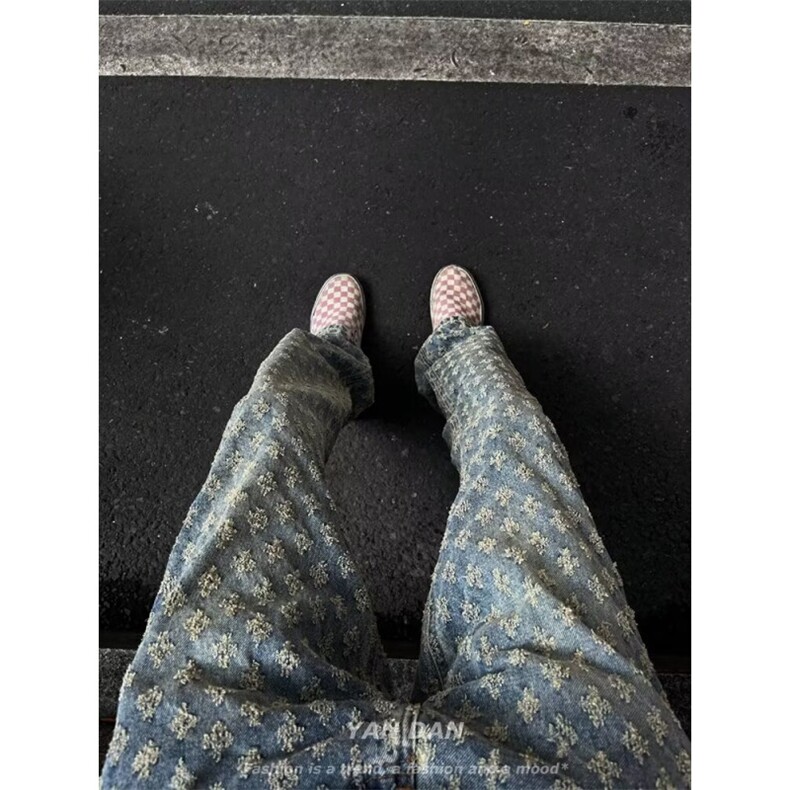 美式街头hiphop提花设计牛仔裤男女高街直筒微喇1001-1-CN79-P45,男装牛仔裤,星座1001-1