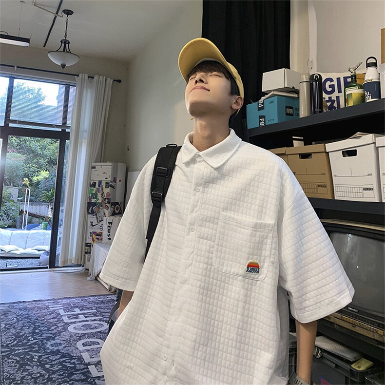 港风短袖衬衫男夏季华夫格衬衣潮流高街宽松五分袖外套CS825-P33,男装衬衫,星座1008