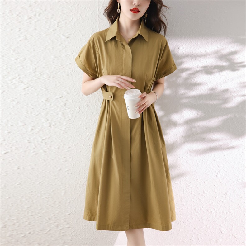 卡其色衬衫连衣裙女2025夏新款休闲时尚宽松别致气质收腰显瘦裙子,女装连衣裙,霓裳依族