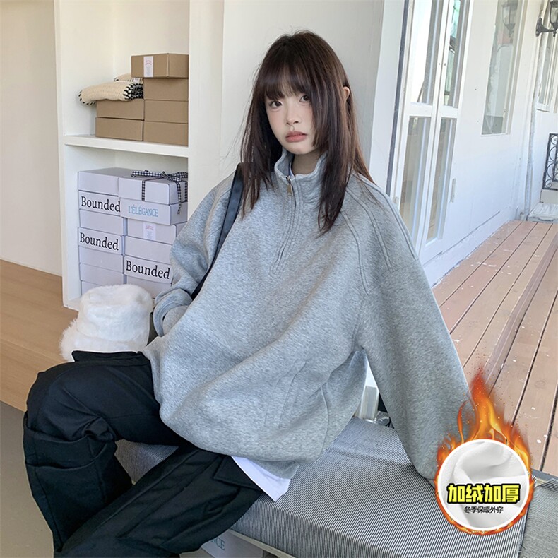 480G重磅加绒硬挺boxy男女秋冬美式高街结构半拉链立领卫衣厚外套,女装短外套,电商A486-1
